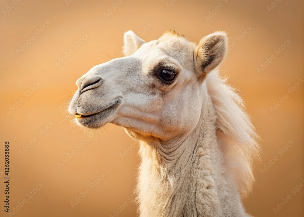 Fototapeta premium Minimalist Beige Background White Camel Portrait - Stock Photo