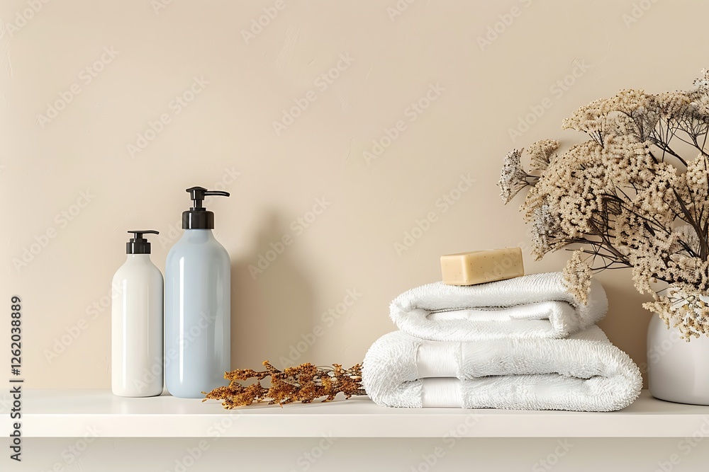 Beige wall background, shelf, soap bottle, towels, dried flowers, white bathroom, home decor mockup, front view,