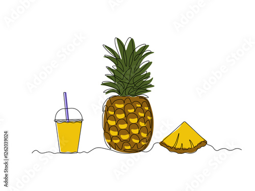 abstract pineapple juice glass with lid and straw, continuous single one line art hand drawing sketch logo