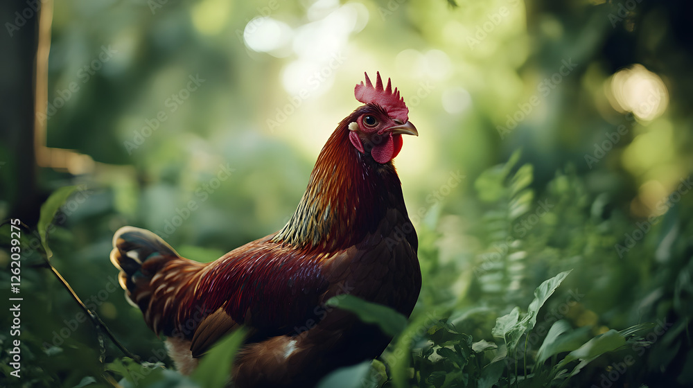 Fototapeta premium Free range rooster standing on grass in the farm