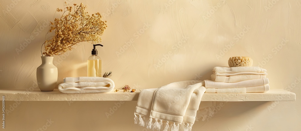 Beige wall background, shelf with soap bottle, towels, dried flowers, white bathroom, home terior mockup,