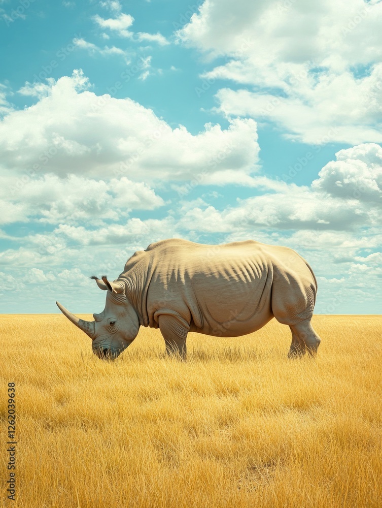 Fototapeta premium A wild rhino grazing in the grasslands of Africa.
