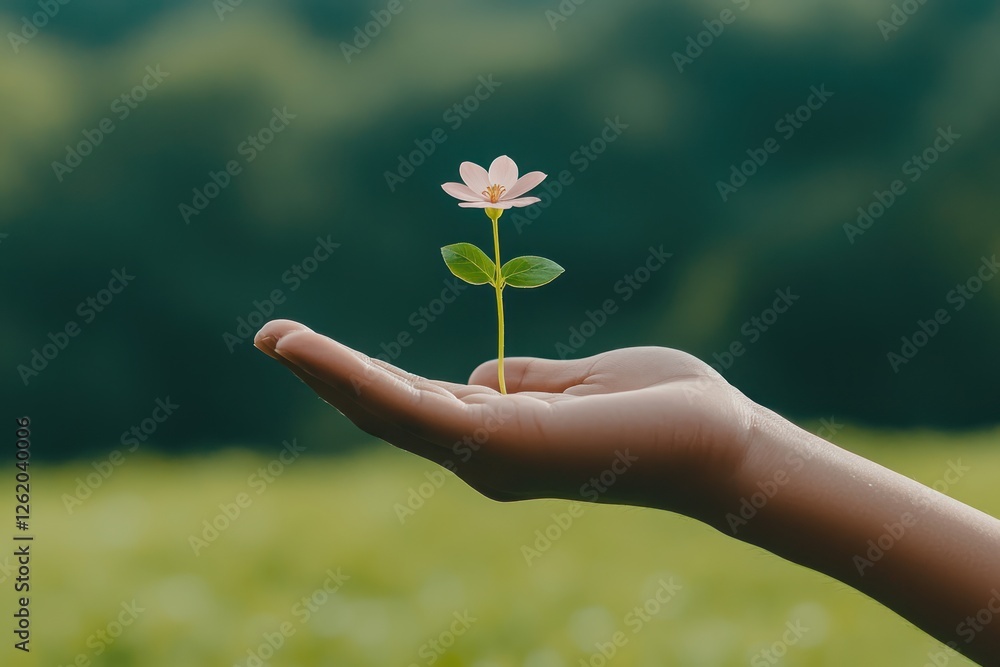 Hand holding tree on green field, symbolizing forest conservation and saving the earth concept Hand holding tree on green field, symbolizing forest conservation and saving the earth concept