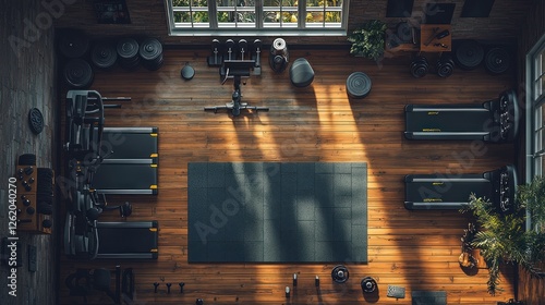 Fototapeta Naklejka Na Ścianę i Meble -  Loft gym workout space sunlight fitness equipment