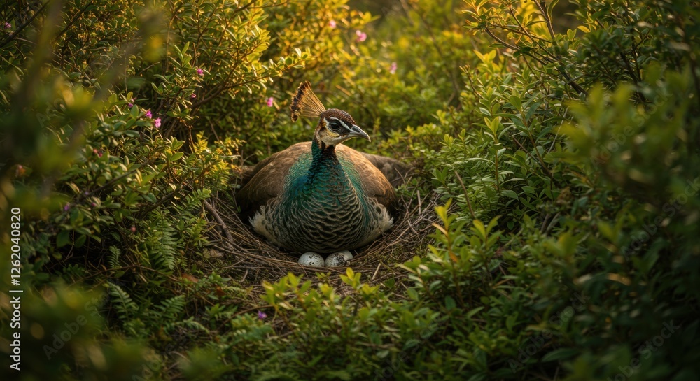 Obraz premium A serene peacock sitting on its eggs in a lush green nest surrounded by vibrant foliage at sunset