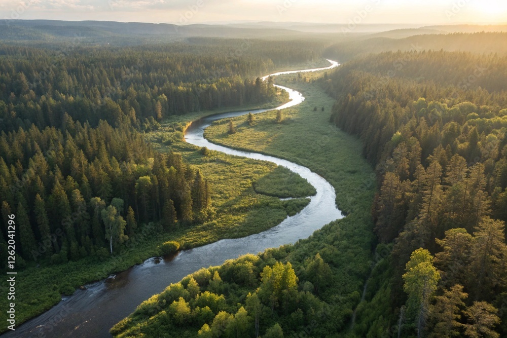 Fototapeta premium Aerial View of a Meandering River through a Forest. Image generated by AI