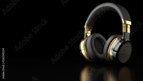 Black gold headphones studio dark background mockup photo