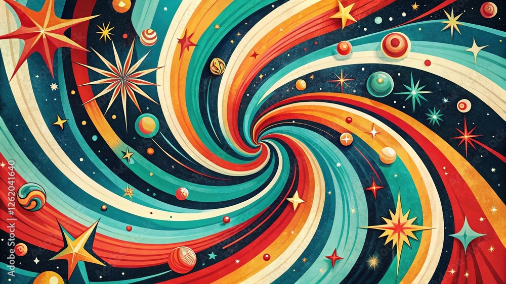 Fototapeta premium Retro 1950s Rockabilly Starry Night Background with Swirling Lines and Kitsch Design Elements
