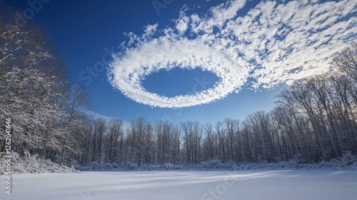 A hole punch cloud forming a perfect oval in a winter sky, framed by snow-covered trees, photo