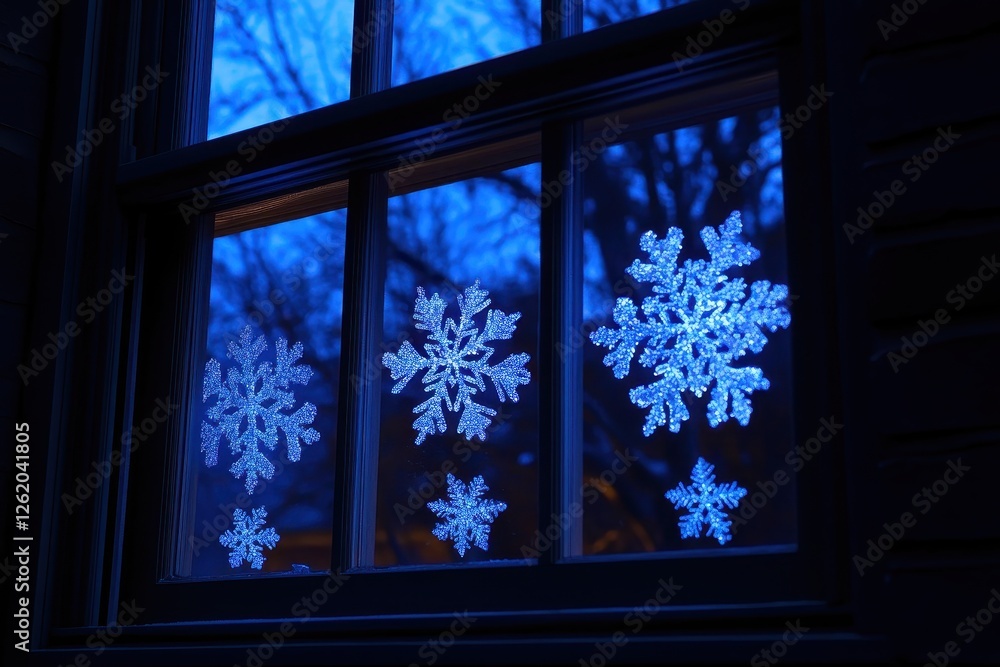 Fototapeta premium Glowing Snowflakes on Window Pane During Twilight Evening Scene