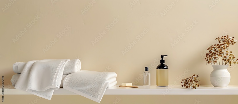 Beige wall, shelf, soap bottle, towels, dried flowers, white modern bathroom, front view, home decor mockup,