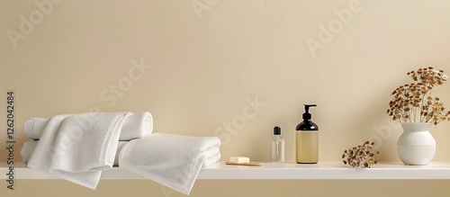 Obraz na płótnie Beige wall, shelf, soap bottle, towels, dried flowers, white modern bathroom, front view, home decor mockup, w salonie
