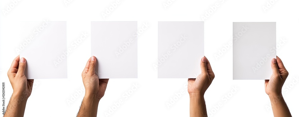 Hands holding blank papers; white background; mockup Hands holding blank papers; white background; mockup