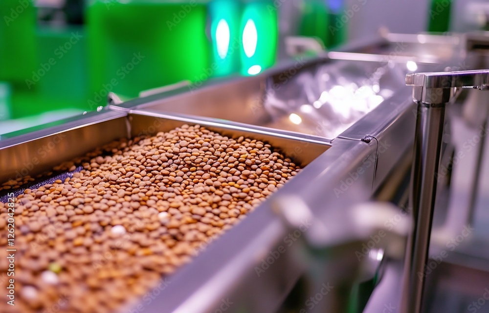 Close-up of a stainless steel conveyor belt carrying a large quantity of brown beans during food processing. Close-up of a stainless steel conveyor belt carrying a large quantity of brown beans during food processing.