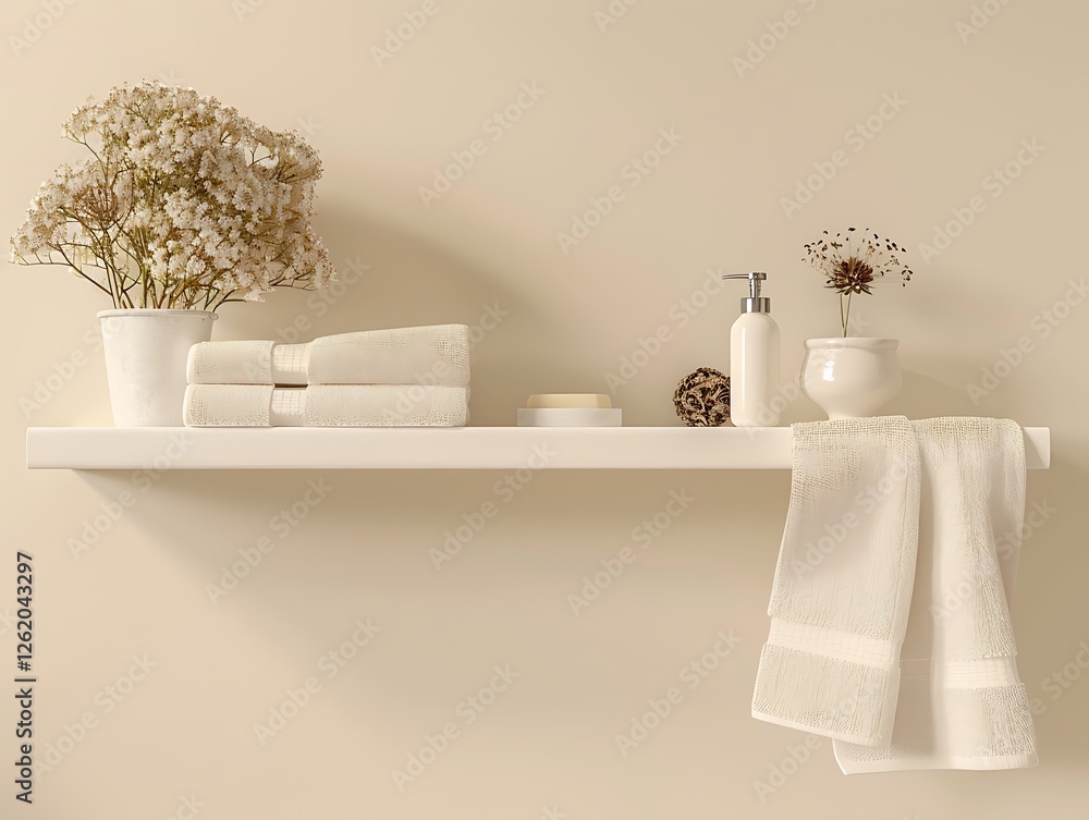 Beige wall, shelf with soap bottle, towels, dried flowers, white bathroom, home terior mockup,