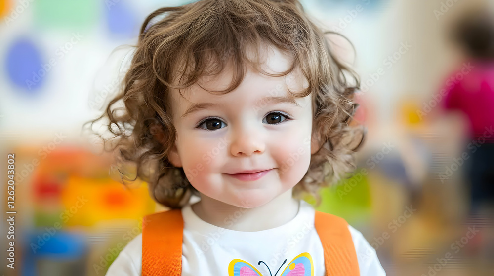 Adorable toddler girl with curly hair smiles sweetly at the camera, in a colorful, blurry background. Adorable toddler girl with curly hair smiles sweetly at the camera, in a colorful, blurry background.