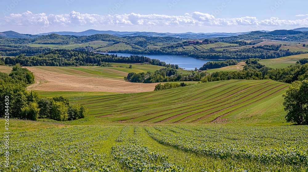Fototapeta premium Serene Landscape: Rolling Hills, Lush Farmland, and a Tranquil Lake Under a Summer Sky