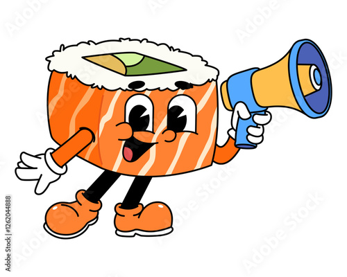 Retro sushi mascot logo, sake sushi roll, salmon sushi sushi hold megaphone