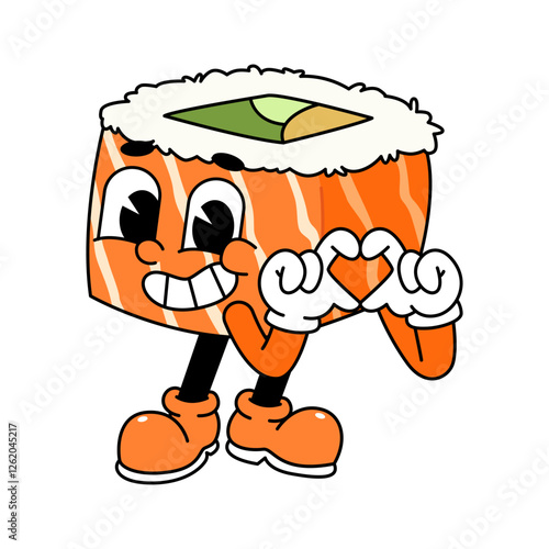 Retro sushi mascot logo, sake sushi roll, salmon sushi sushi love hand pose