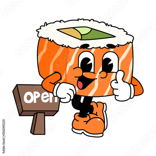 Retro sushi mascot logo, sake sushi roll, salmon sushi sushi Lean on a wooden sign