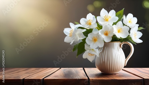 Wallpaper Mural White flowers in vase on wooden table with copy space. Torontodigital.ca