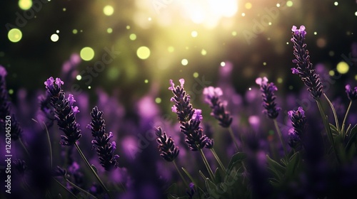 Magical sunset illuminating vibrant lavender field with fireflies.