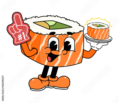 Retro sushi mascot logo, sake sushi roll, salmon sushi sushi wearing number one glove