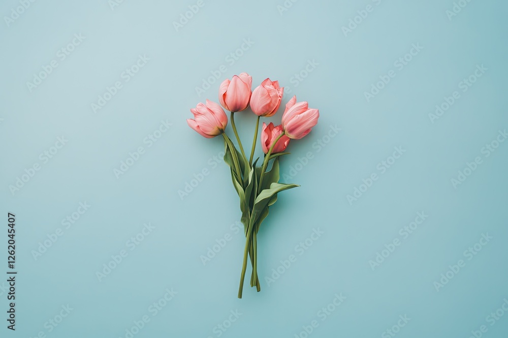 Pink tulips bouquet, pastel blue background, flatlay, spring Pink tulips bouquet, pastel blue background, flatlay, spring
