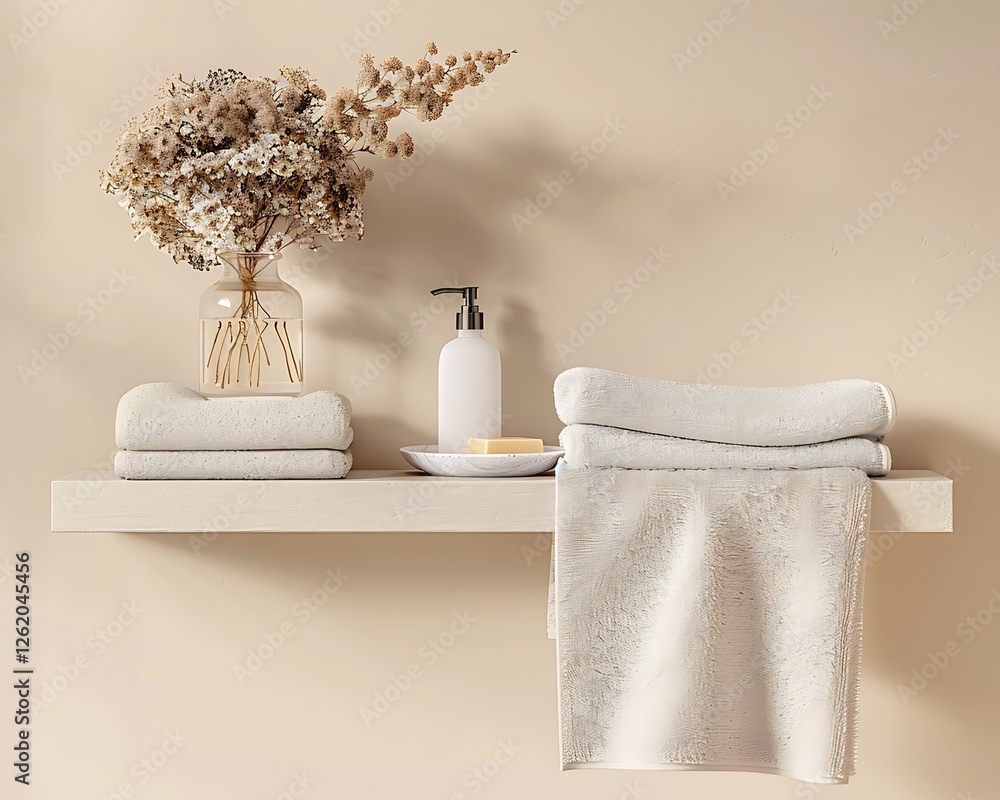 Beige wall, shelf with soap bottle, towels, dried flowers, white modern bathroom, home decor mockup,