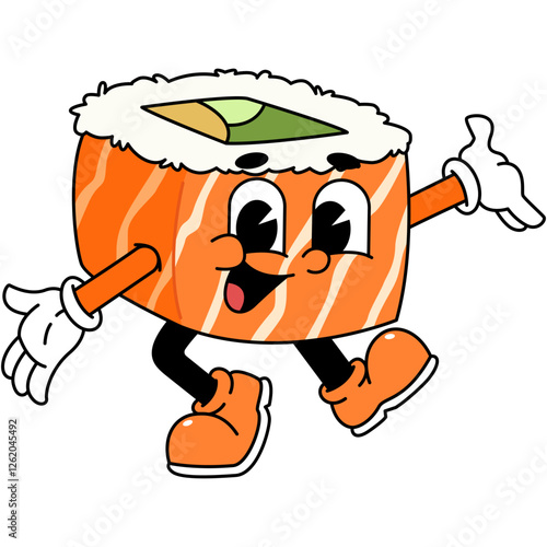 Retro sushi mascot logo, sake sushi roll, salmon sushi sushi welcome pose