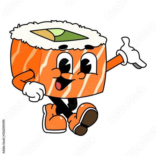 Retro sushi mascot logo, sake sushi roll, salmon sushi sushi welcome pose