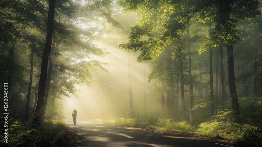 Obraz premium cyclist riding on the road in a forest with mist with dense trees 