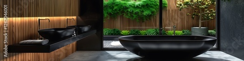 Black bathroom, bathtub, black sk, wooden wall panel, concrete floor, wdow with garden view, natural light, modern style,