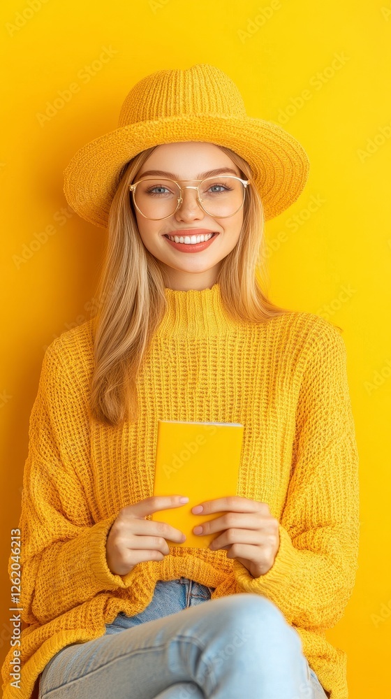 Smiling Woman in Yellow Knit Sweater and Hat Holds Booklet Smiling Woman in Yellow Knit Sweater and Hat Holds Booklet
