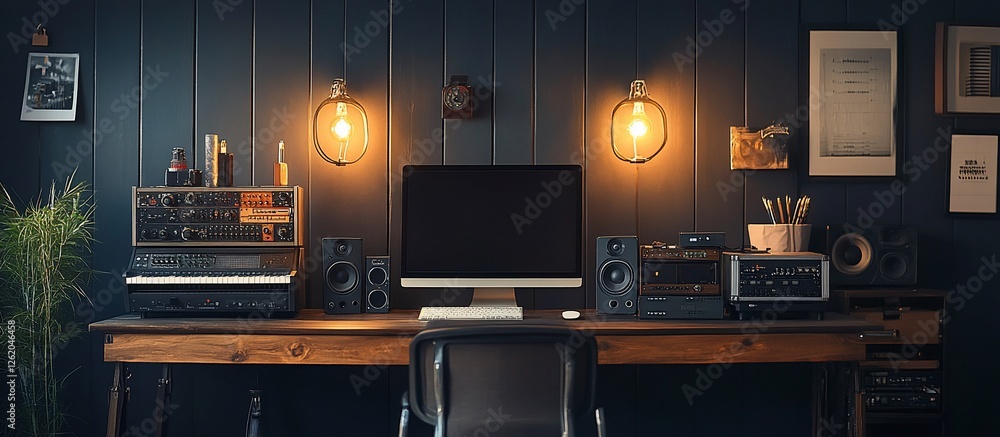 Cozy home studio setup featuring a computer, audio equipment, and warm lighting ambiance Cozy home studio setup featuring a computer, audio equipment, and warm lighting ambiance
