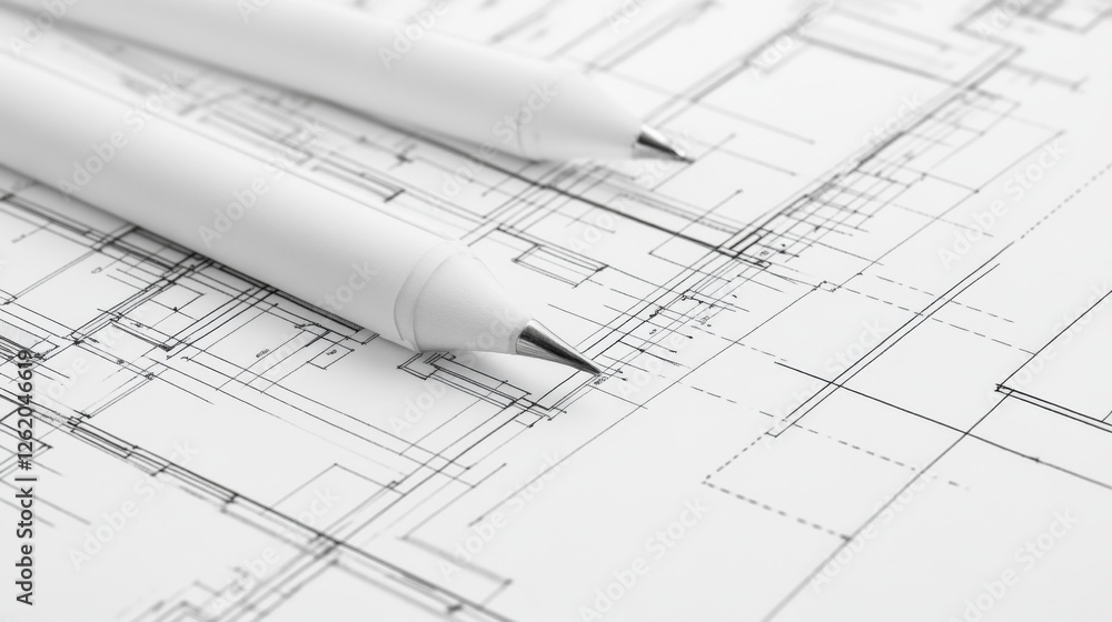 Architectural blueprint with pens, design, planning, technical drawing