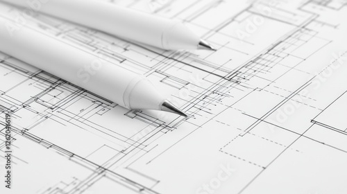 Architectural blueprint with pens, design, planning, technical drawing