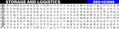 Storage and logistics line icons collection. Hangar, warehouse, delivery, container, garage, manufacturing icons. UI icon set. Thin outline icons pack. Vector illustration with white background