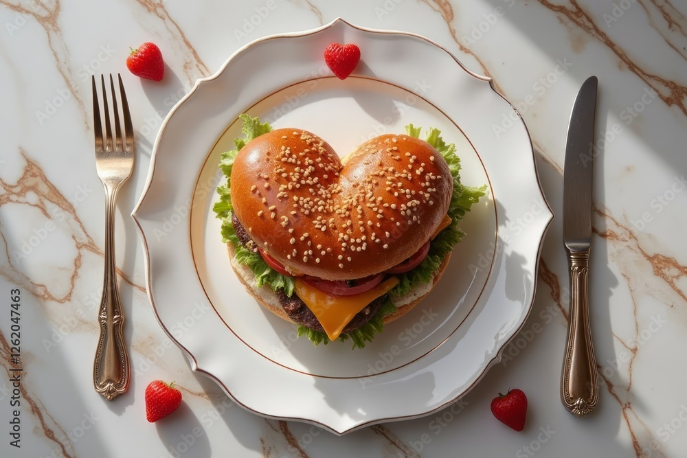 Heart shaped burger served on a fancy plate with strawberries Heart shaped burger served on a fancy plate with strawberries