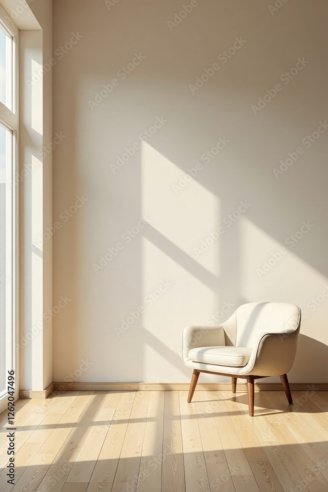 Serene Minimalist Interior Sunlight Illuminates a Modern Armchair in a Light-Filled Room with Hardwood Floors Serene Minimalist Interior Sunlight Illuminates a Modern Armchair in a Light-Filled Room with Hardwood Floors