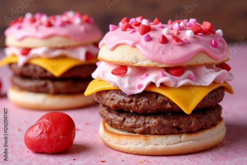 Two novelty burgers with pink icing and heart shaped sprinkles photo