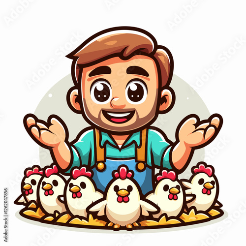 Farmer surrounded by chickens