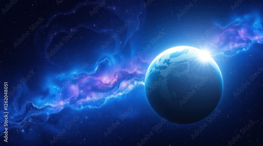 Obraz premium Earth Rising Above Nebula Background in Space with Sun Glare