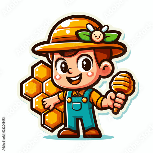 Boy beekeeper holding honey