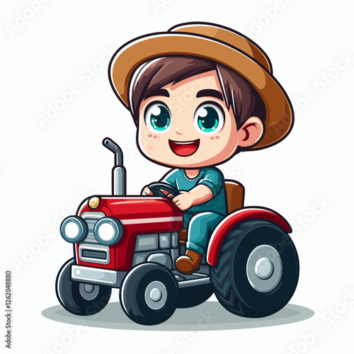 Kid farmer driving a red tractor