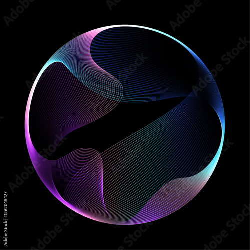 Abstract vector round shape of wavy lines flowing smooth curve colorful spectrum light on black background in concept of technology, science, music, modern.