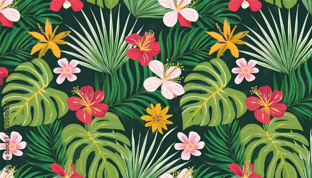 seamless exotic pattern with tropical flowers and green leaves in vector illustration. seamless exotic pattern with tropical flowers and green leaves in vector illustration.