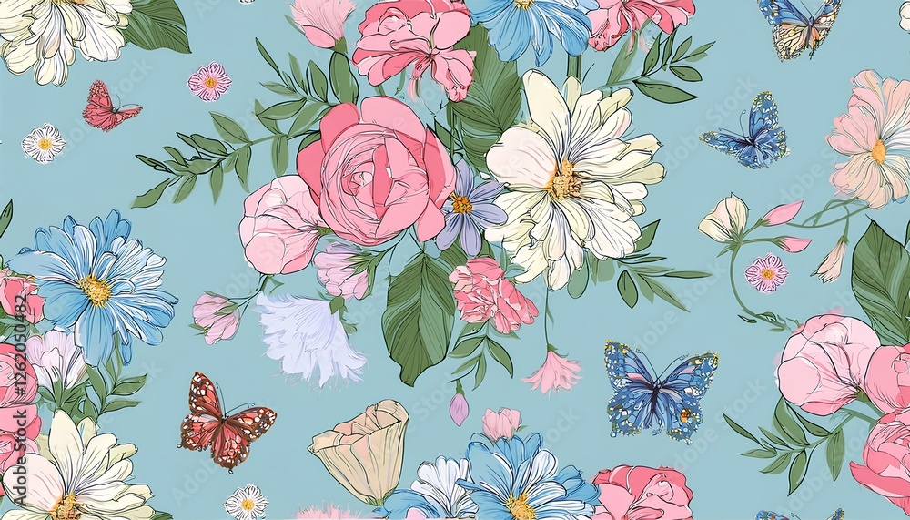 Seamless pattern flowers and butterflies with colorful pastel blue background. Seamless floral pattern in Vector illustration. Seamless pattern flowers and butterflies with colorful pastel blue background. Seamless floral pattern in Vector illustration.