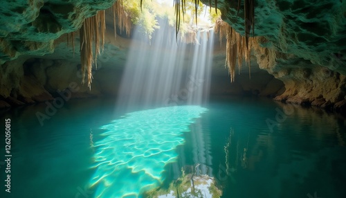 Sacred cenote water background featuring a mystical turquoise pool with sunlight filtering through, serene and sacred photo