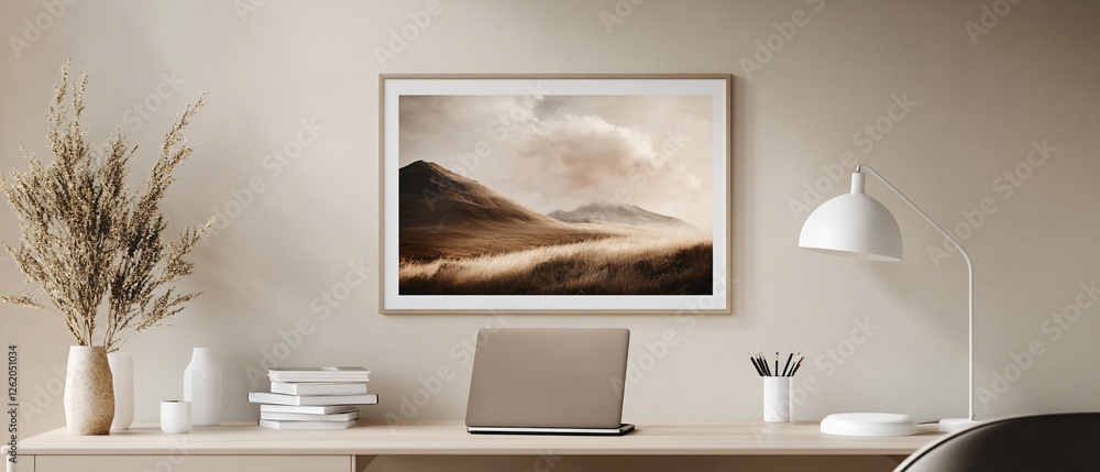 Calm workspace with laptop, landscape art print, and desk organizer. Calm workspace with laptop, landscape art print, and desk organizer.